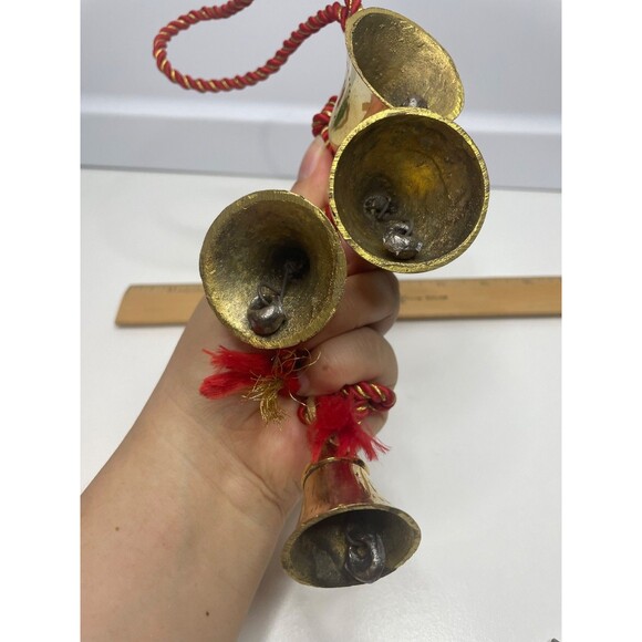 Vintage Hand Etched Brass Bells of  India - 4 Bells on a Rope Christmas decor - Picture 5 of 6